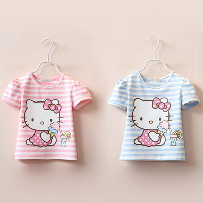 2016夏季童装新款韩版女童卡通条纹圆领短袖棉质T恤机器猫凯蒂猫