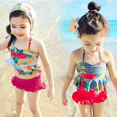 韩版儿童泳衣 可爱女童温泉分体裙式游泳衣 宝宝防晒带帽泳装