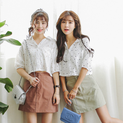 夏季韩版闺蜜装学院风棉麻波点中袖短款衬衫短袖衬衣女