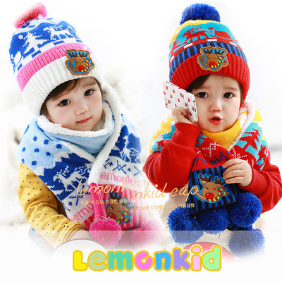 厚实保暖韩国正版男女儿童针织毛线加绒套头帽子围巾圣诞两件套装