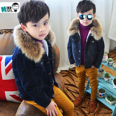 韩版秋冬季童装男童牛仔衣 加绒加厚儿童连帽棉衣毛领外套夹克衫