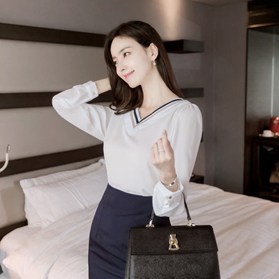 2016春秋新款韩版长袖白衬衫宽松蕾丝雪纺衫V领上衣衬衣女