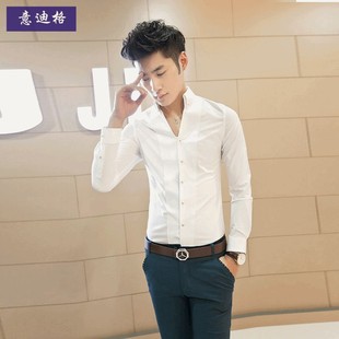 意迪格 春季男士长袖衬衫韩版修身型 潮男免烫纯白色衬衣青年寸衫