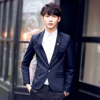 2015新款韩版修身休闲时尚青少年点子男式休闲西装小清新