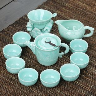 青瓷蓝色6人8人陶瓷家用办公珍藏功夫茶具茶壶盖碗茶杯整套装特价