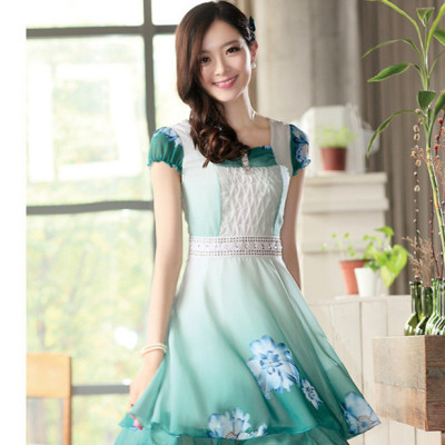 2015夏季新款正品女装短袖蕾丝连衣裙 韩版气质优雅修身雪纺裙子