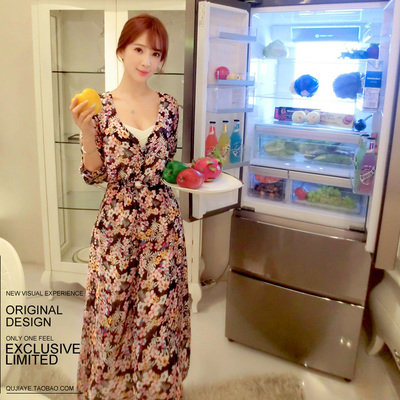 2015夏季新款韩版女装V领松紧腰花朵印花长袖连衣裙大长裙 曲珈叶