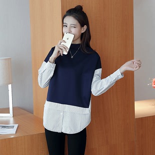 20162016秋季新款韩版上衣女 假两件拼接套头宽松卫衣 衬衫条纹显