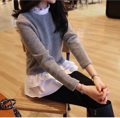 2016韩国新款女装韩版假两件套头薄毛衣潮中长款衬衫针织衫