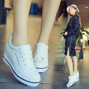 韩版小白鞋女皮面白色松糕女鞋厚底百搭内增高单鞋系带休闲运动鞋