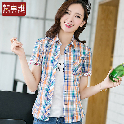 格子衬衫女短袖2015夏韩版修身休闲印花拼接纯棉女士格纹衬衣大码