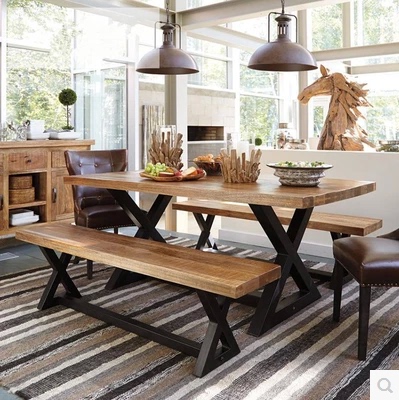 美式乡村实木餐桌仿古书桌铁艺办公桌茶桌铁艺餐桌长方形桌椅组合