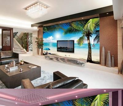 海边椰树沙滩海滩雨伞电视背景墙纸壁画无纺布环保温馨壁画壁纸