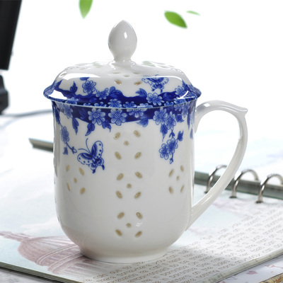 青花个人玲珑茶杯 办公茶杯老板杯 青花瓷茶杯陶瓷茶杯过滤紫砂茶