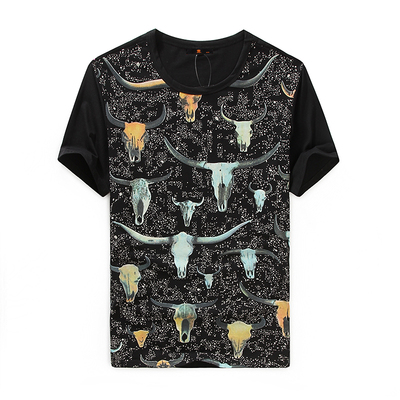 2015新款春夏品质男装日系潮牌牛角印花个性弹力棉大码男短袖T恤