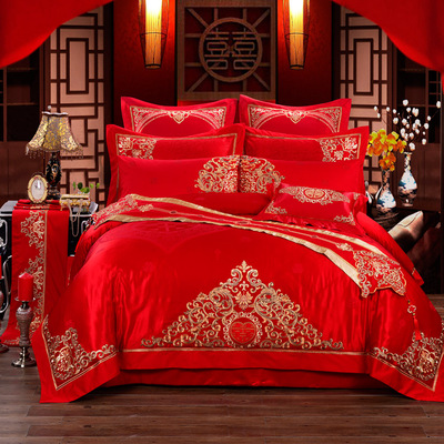 绣花夫人 双喜临门 结婚庆床品中式绣花床上用品大红色多四件套件