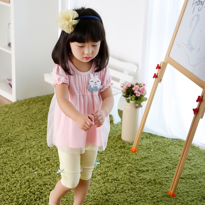 津贝2015夏季竹纤维套头公主风1-3岁女孩短袖短裤套装圆领T恤套装