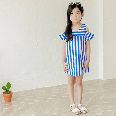 韩国女童条纹连衣裙夏装2016新款童装纯棉短袖中大儿童沙滩裙子