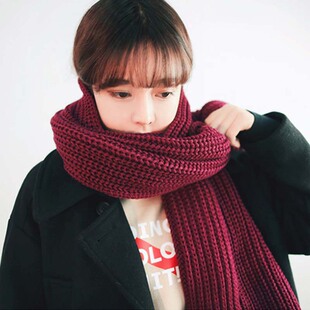 新款男女士针织毛线围巾 韩版纯色加厚围巾 情侣大红色套头围巾