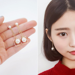 日韩版长款淑女方形包珍珠 甜美气质 优雅 流苏珍珠 防过敏耳钉