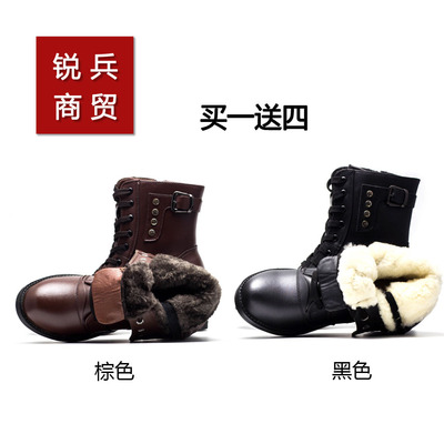 秋冬羊毛一体增高潮粗跟加绒马丁靴保暖军鞋