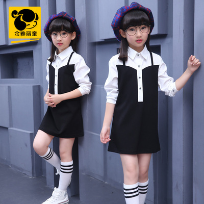 女童装2016秋季新款韩版黑色时尚个性长袖连衣裙儿童休闲衬衫裙潮