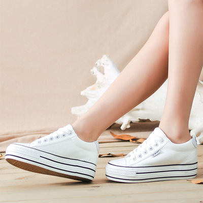 包邮厂家直销经典白色帆布鞋女韩版厚底内增高板鞋学生休闲布鞋