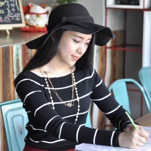 2015秋季新品韩版条纹薄针织衫女短款百搭修身打底衫长袖秋装毛衣