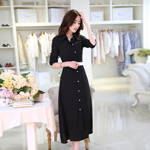 2015韩版新款女装春秋装中长款连衣裙收腰修身单排扣衬衫裙女长袖