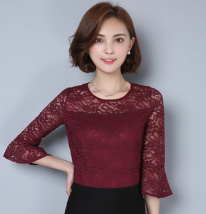 2016秋季韩版新款纯色圆领蕾丝衫荷叶七分袖镂空上衣T恤打底衫女
