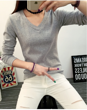 2015秋冬新款韩版女装大码纯色V领修身显瘦套头学生打底长袖t恤