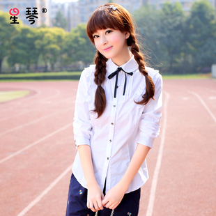 星琴少女韩版初高中学生娃娃领纯棉白色蝴蝶结学院风打底衬衫长袖