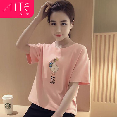 潮流新品2016夏季新款韩版卡通印花直筒圆领短袖t恤衫女装