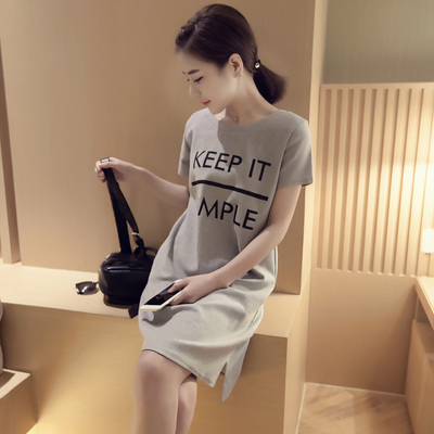 春夏时尚女装新款韩版中长款显瘦百搭字母印花圆领短袖打底t恤衫