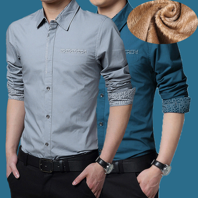 2016冬季男保暖长袖衬衫修身青年加厚衬衣韩版加绒插花纯棉衬衣潮