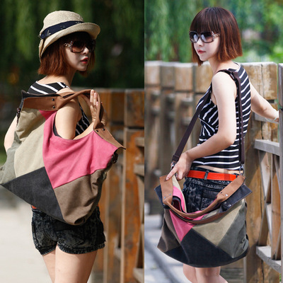 帆布包手提潮流女包新款韩版复古时尚拼接单肩撞色斜挎包大包