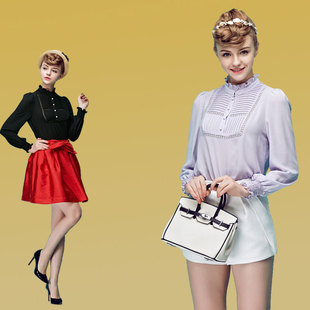 2015春季新品女装 韩国进口雪纺修身长袖时尚半高领女士上衣