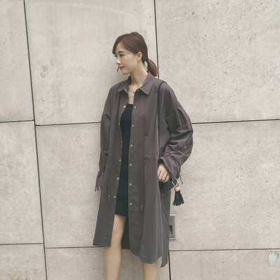 自制款韩版女大码宽松系带收腰单排扣Polo领中长款外套+O46