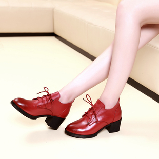 品牌深口单鞋系带头层牛皮女鞋子舒适中跟圆头真皮黑色系带红色鞋