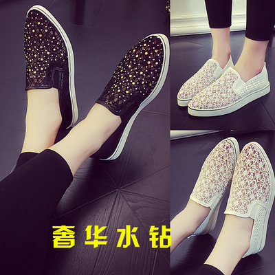 韩版时尚休闲尖头平底鞋透气镂空水钻平跟单鞋女士网布学生鞋