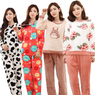 睡衣女秋冬季韩版法兰绒卡通可爱龙猫珊瑚绒家居服加厚保暖套装