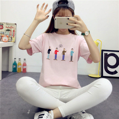 2016新品夏天韩版短袖t恤女圆领宽松型个性百搭卡通半袖上衣服潮