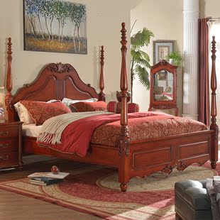 实木双人床美式 卧室圆柱成人床公主床 1.5米1.8欧式田园床 特价