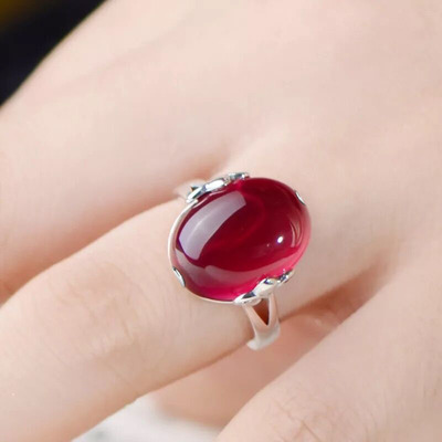 非常泰925银戒指女食指时尚合成红宝石开口指环日韩版复古欧美