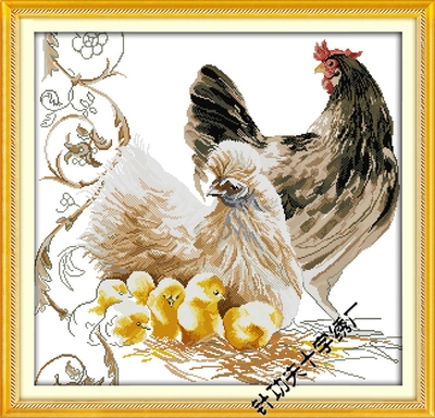 新款公鸡印花十字绣一家三口母鸡小鸡仔丰衣足食驱斜动物客厅图案