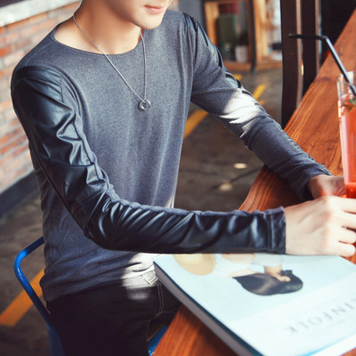 男装秋季新英伦贴皮袖设计t恤韩版个性潮流修身男士圆领长袖T恤潮