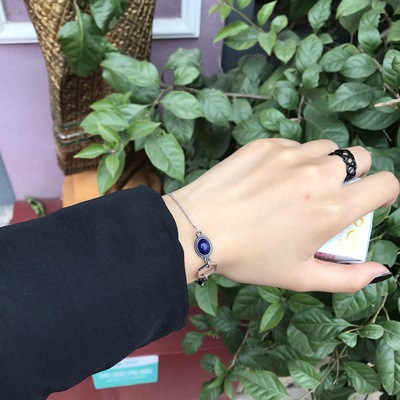 日和 包邮独立设计韩国几何锆石手镯复古手链 手作蓝绿宝石手饰
