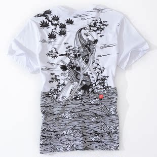 2015新款品质男装潮男短袖t恤中国风鲤鱼图案纯棉宽松加大码T恤