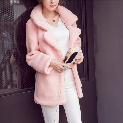 2016时尚羊羔毛外套女中长款秋冬皮毛一体大衣粉色呢子毛呢外套女