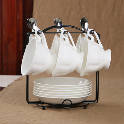 英式纯白骨瓷咖啡杯套装组合简约复古陶瓷下午茶杯碟套具带架子勺